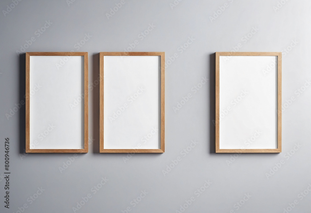 Leinwandbilder close up of clean simple white blank frames with wooden frames of different sizes hanging up on a wa