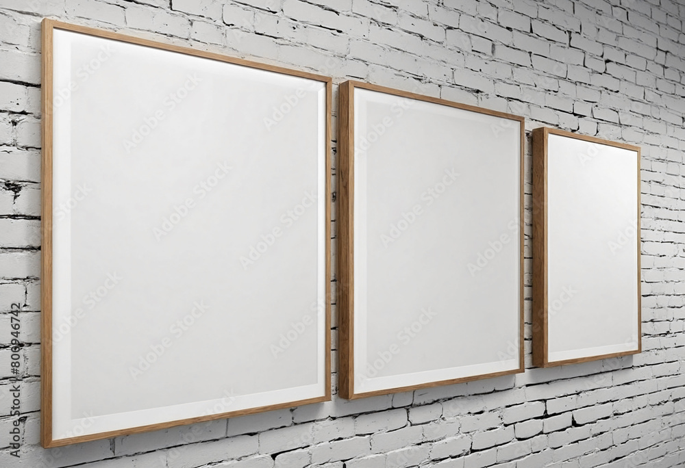Fototapete close up of clean simple white blank frames with wooden frames of different sizes hanging up on a wa