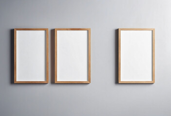 Close up of clean simple white blank frames with wooden frames of different sizes hanging up on a wall, bright lighting industrial feel - Mockup
