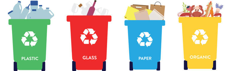 Collection of garbage cans with sorted garbage. Six containers for glass, metal, batteries, plastic, paper, organic. Ecology and recycle concept. Flat vector illustration isolated on white background.