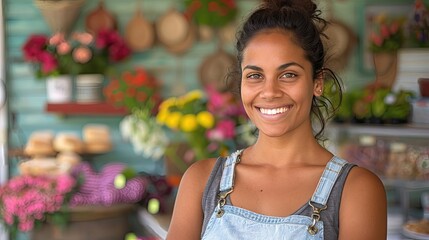 A woman is smiling in front of a flower shop