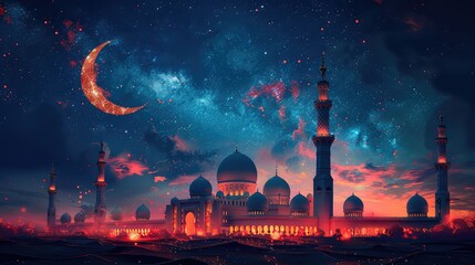 Mosque at night, the moon present in the sky Eid festival