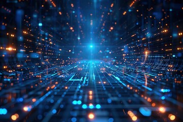 Obraz premium A holographic business concept visualization: intricate neon blue lines form a glowing wireframe pattern against a dark, isolated background.