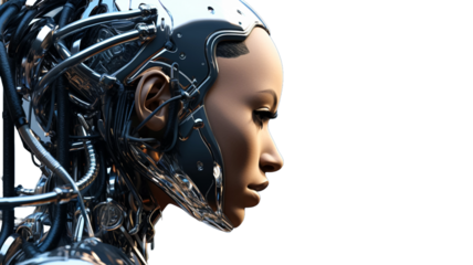 White robot using digital artificial intelligence head. future technological machines. Girl humanoid assistance. Cyber punk future concept. Beautiful modern cybernetic person isolated on transparent b