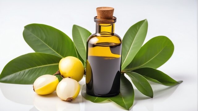 bottle of tamanu oil on plain white background from Generative AI