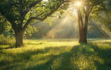 Illuminated Canopy in Natures Embrace, Sunlight Peeks Through Verdant Canopy, Glistening Meadow