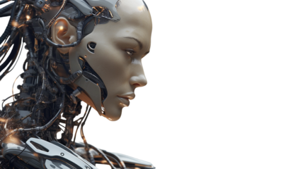 Humanoid robot face close-up futuristic modern tech chatbot assistance auto conversation. Girl humanoid assistance. Cyber punk future concept. Beautiful modern cybernetic person isolated on transparen