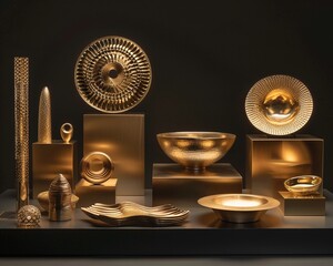 Obraz na płótnie Canvas The image is of a variety of gold and silver objects displayed on black pedestals against a black background. The objects are mostly bowls, cups, and other types of vessels.