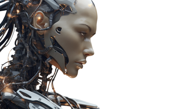 Humanoid robot face close-up futuristic modern tech chatbot assistance auto conversation. Girl humanoid assistance. Cyber punk future concept. Beautiful modern cybernetic person isolated on transparen