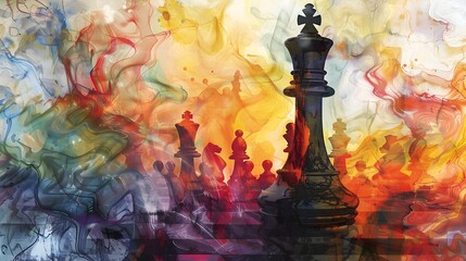 Masterful Chess King Leading Vibrant Watercolor Pawns on Captivating Canvas Generative ai
