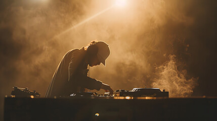 A DJ spinning records on turntables, with a simple backdrop, showcasing the equipment and technique.