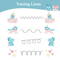 Tracing lines activity for children. Tracing worksheet for kids. Educational printable worksheet. Printable activity page for kids