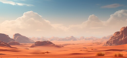Vast desert landscape with dramatic clouds and mountains