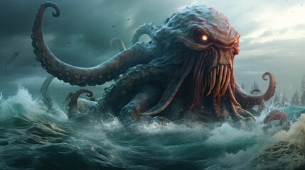 Colossal sea creature emerging from stormy ocean