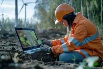 environmental engineer working in the field, their hands immersed in the soil as they test for contamination