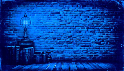 Old  Brick Wall with Character,and Art Deco design-in Vivid Blue with Lamp