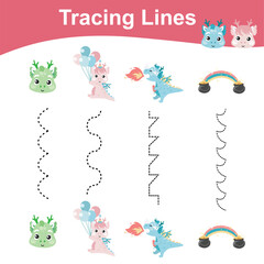 Tracing lines activity for children. Tracing worksheet for kids. Educational printable worksheet. Printable activity page for kids
