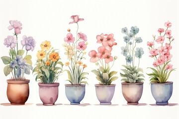 watercolor painting set of watercolor flower vases and flower pots