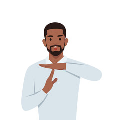 Young man upset showing a timeout gesture, needs stop, asks time for rest after hard work. Flat vector illustration isolated on white background