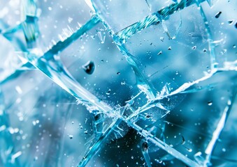 Close-Up of Shattered Glass Texture with Blue Hues and Raindrops