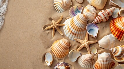 Fototapeta na wymiar Assorted colorful sea shells on sandy beach with ocean wave.
