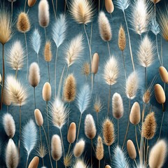 Seamless pattern of fluffy cattails swaying in a gentle breeze, Generative AI