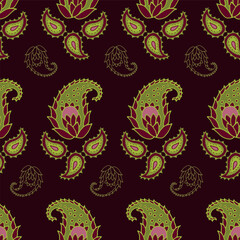 Vector maroon seamless pattern background: Marching Paisley.