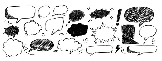 Set of empty scribble comic speech bubbles in different shapes. Pen paint element.