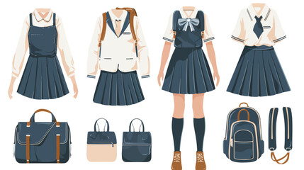 Stylish school uniform with backpack on white background