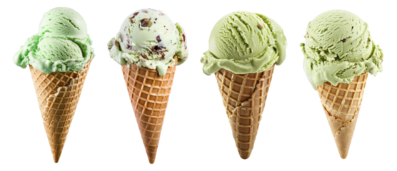 Pistachio ice cream cones isolated on white transparent, PNG