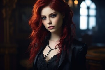 Fototapeta premium Mysterious woman with vibrant red hair