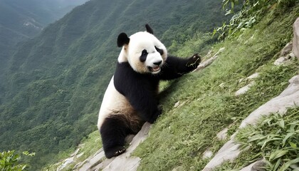 A Giant Panda Climbing A Steep Mountain Slope Upscaled 4