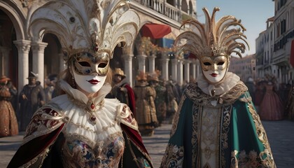 Fototapeta na wymiar A Highly Realistic Rendering Of A Venetian Carnival With Characters Wearing Intricate Gem Encrusted Masks And Velvet Capes (1)