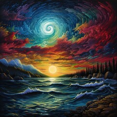 Vibrant Cosmic Landscape with Swirling Skies and Crashing Waves