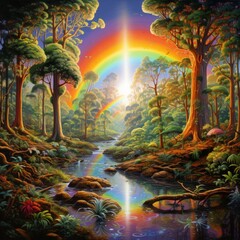 Vibrant Rainforest Landscape with Rainbow