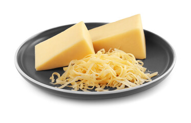 Grated cheese and pieces of one isolated on white