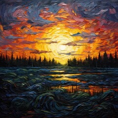 Vibrant Sunset Landscape Painting