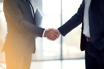 Handshake, business men and deal in an office with b2b and agreement from partnership. Corporate,...