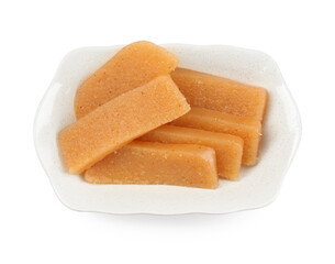 Delicious sweet quince paste and isolated on white, top view