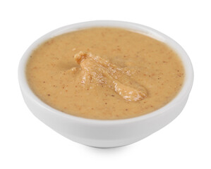 Delicious nut butter in bowl isolated on white