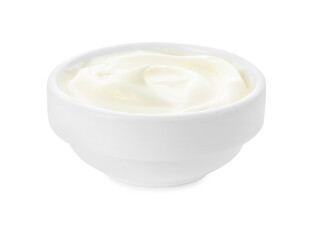 Tasty fresh mayonnaise sauce in bowl isolated on white