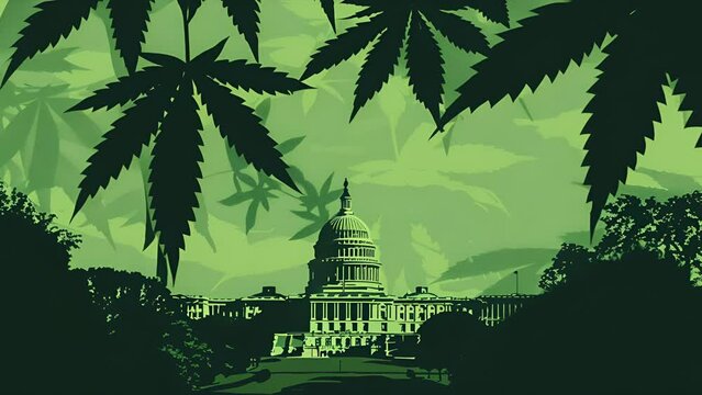 Illustration pushing through Marijuana leaves towards the US Capitol Building in Washington D.C.. Logo for Washington DC Cannabis company or news broadcast background for marijuana legalization.