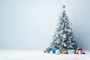 Festive Christmas tree and gifts in snowy winter landscape