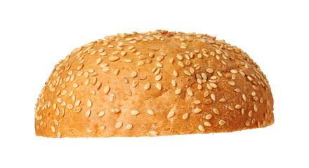 Half of fresh burger bun with sesame seeds isolated on white