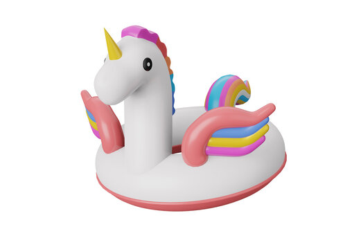 3D illustration rubber swimming ring in shape of white Unicorn