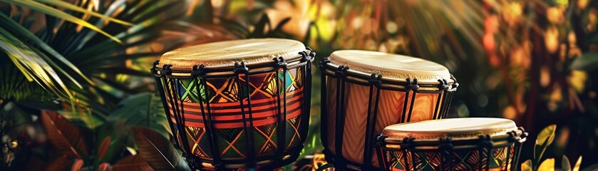 Fototapeta premium African drums with vivid patterns natural jungle backdrop