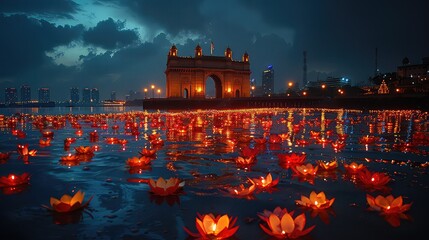 Gateway of Mumbai India, decorated with lamps for Diwali - obrazy, fototapety, plakaty