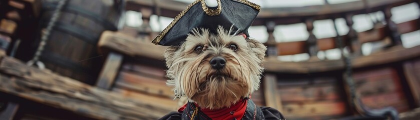 Dog in pirate costume aboard ship old-world feel