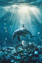 Fototapeta premium Dolphin with ocean trash side view