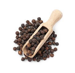 Aromatic spice. Many black peppercorns in scoop isolated on white, top view